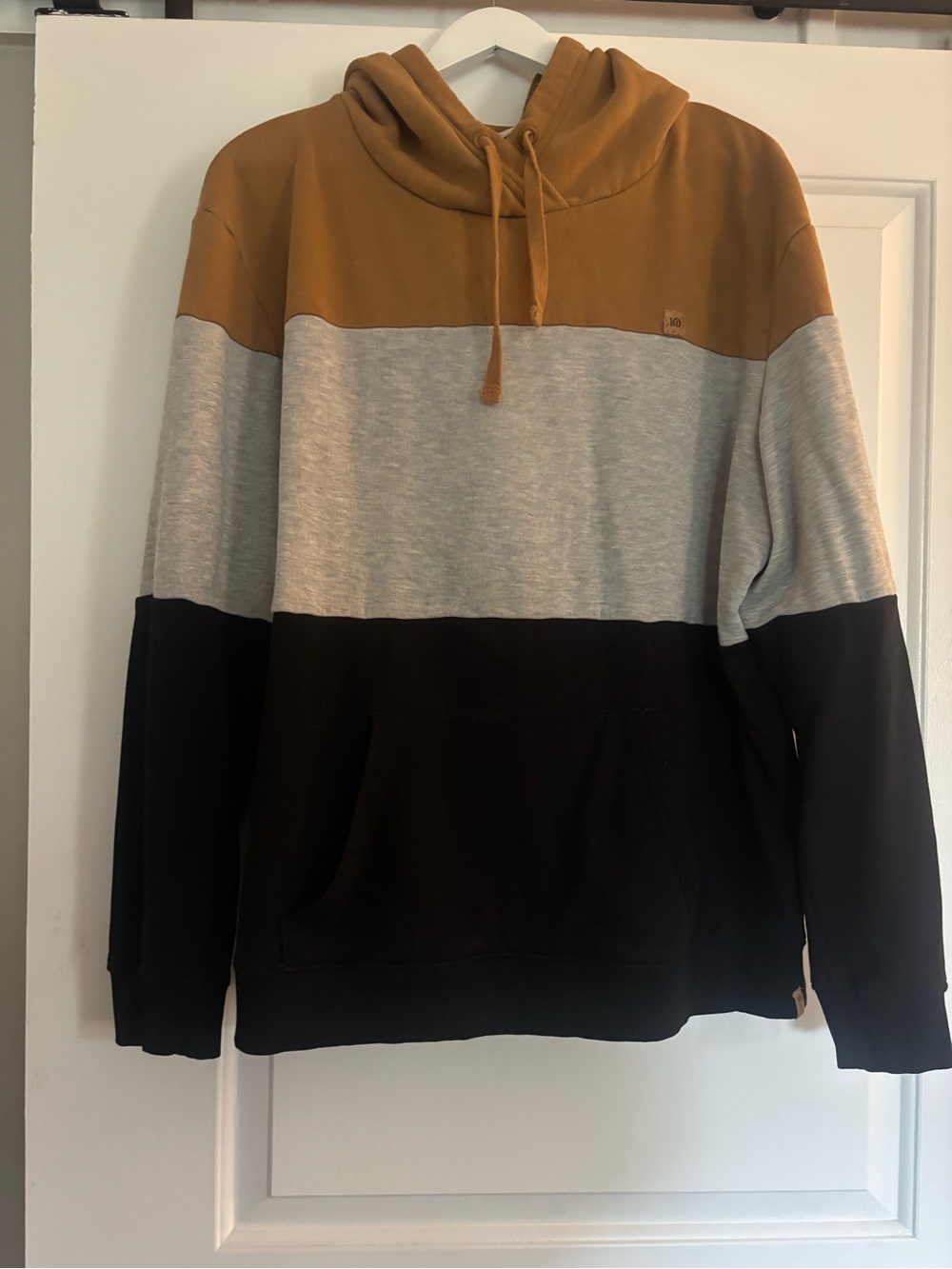 Colorblock Hooded Sweatshirt in Mustard/Tan, Gray & Navy